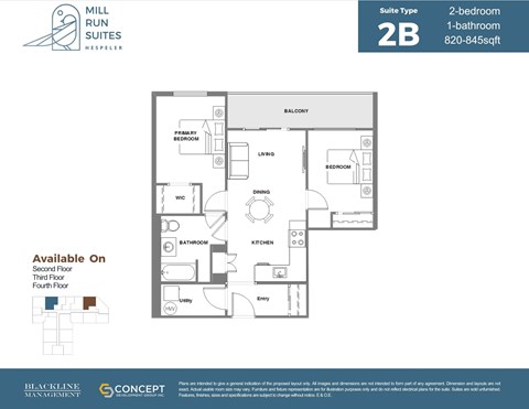 A floor plan for a 2-bedroom, 1-bathroom suite at Mill Run Suites.